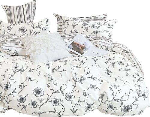PBC-1003 Dekbedovertrek katoensatijn met zwarte bloemen PBC-1003