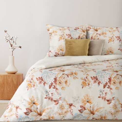 PTE-108 Dekbedovertrek katoensatijn met oranje en blauwe bloemen PTE-108