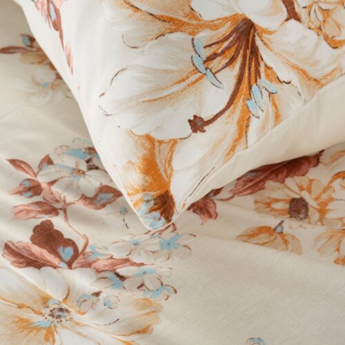 PTE-108a Dekbedovertrek katoensatijn met oranje en blauwe bloemen PTE-108