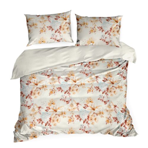 PTE-108b Dekbedovertrek katoensatijn met oranje en blauwe bloemen PTE-108