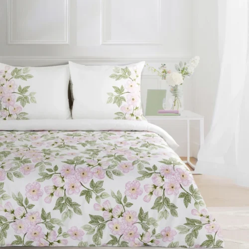 PTE-131 Dekbedovertrek van katoensatijn met roze bloemen PTE-131