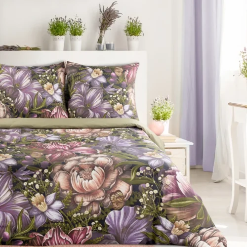 PTE-132 Katoensatijnen dekbedovertrek met kleurrijke bloemen PTE-132