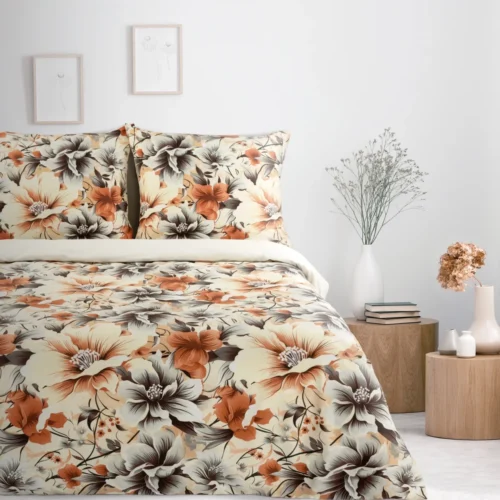 PTE-138 Katoensatijnen dekbedovertrek met oranje bloemen PTE-138