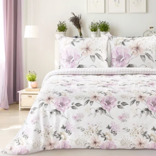 PTE-146 Katoensatijnen dekbedovertrek met beige en paarse bloemen PTE-146