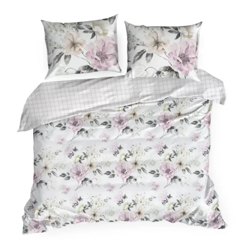 PTE-146a Katoensatijnen dekbedovertrek met beige en paarse bloemen PTE-146