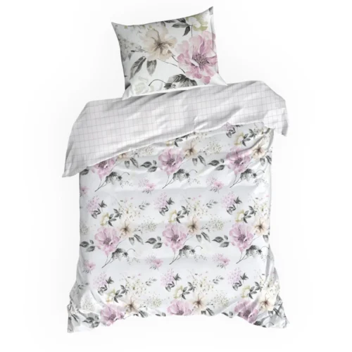 PTE-146b Katoensatijnen dekbedovertrek met beige en paarse bloemen PTE-146