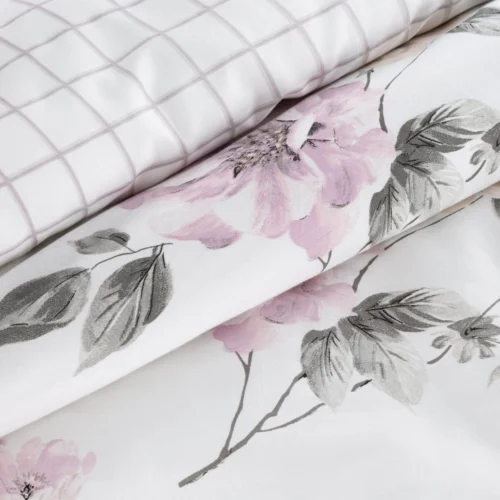 PTE-146d Katoensatijnen dekbedovertrek met beige en paarse bloemen PTE-146
