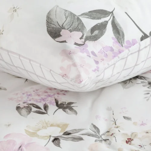 PTE-146e Katoensatijnen dekbedovertrek met beige en paarse bloemen PTE-146