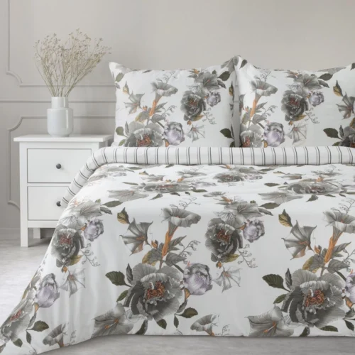 PTE-152 Dekbedovertrek van katoensatijn met grijze bloemen PTE-152