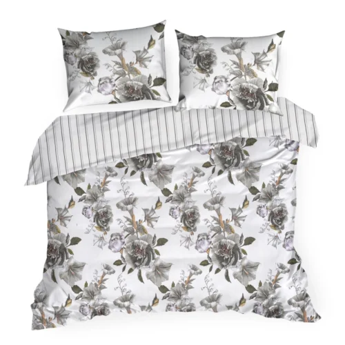 PTE-152a Dekbedovertrek van katoensatijn met grijze bloemen PTE-152
