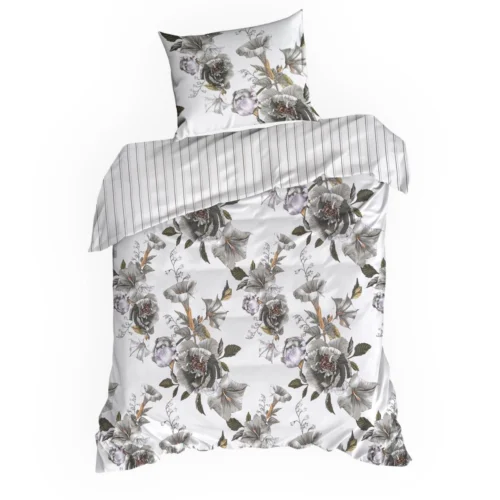 PTE-152b Dekbedovertrek van katoensatijn met grijze bloemen PTE-152