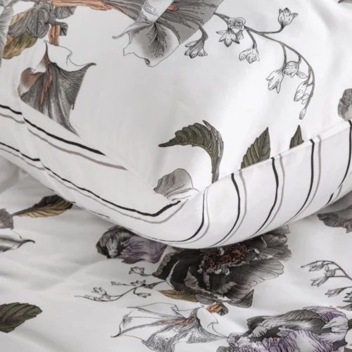 PTE-152e Dekbedovertrek van katoensatijn met grijze bloemen PTE-152