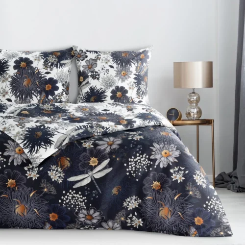 PTE-156 Dekbedovertrek katoensatijn met bloemen en libellen PTE-156