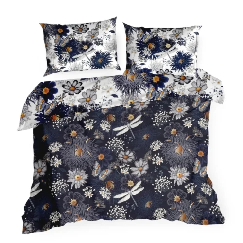 PTE-156c Dekbedovertrek katoensatijn met bloemen en libellen PTE-156
