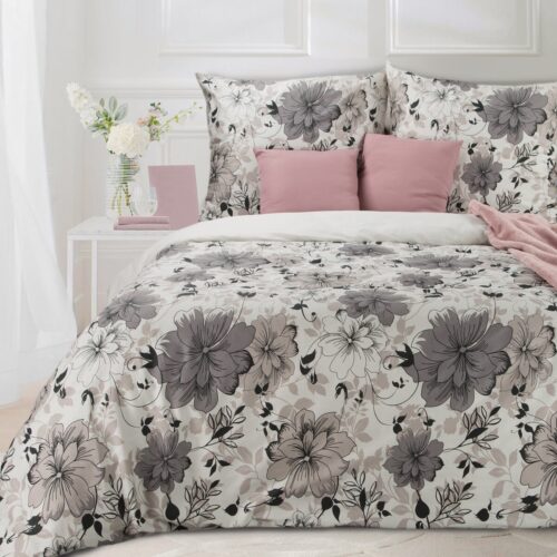 PTE-96 Dekbedovertrek van katoensatijn met beige bloemen PTE-96