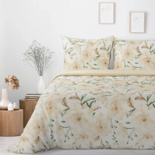 PTF-124 Dekbedovertrek van katoen met beige bloemen PTF-124