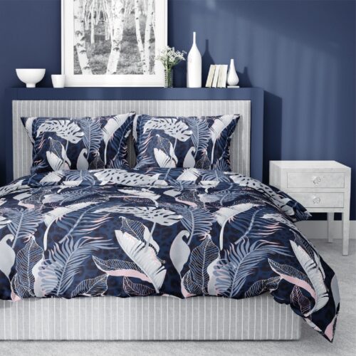SJB-372A Dekbedovertrek katoensatijn SJB-372 palmbladeren blauw