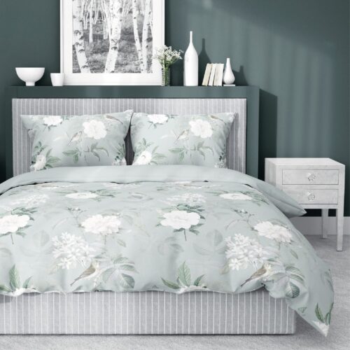 SJB-375a Dekbedovertrek katoensatijn met witte bloemen SJB-375
