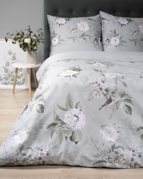 SJB-375b Dekbedovertrek katoensatijn met witte bloemen SJB-375