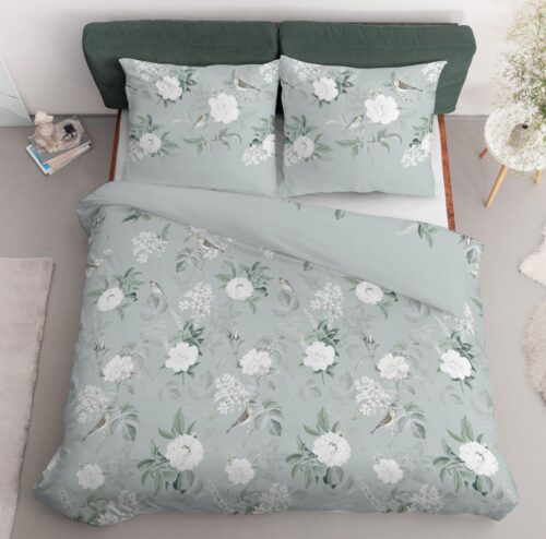 SJB-375c Dekbedovertrek katoensatijn met witte bloemen SJB-375