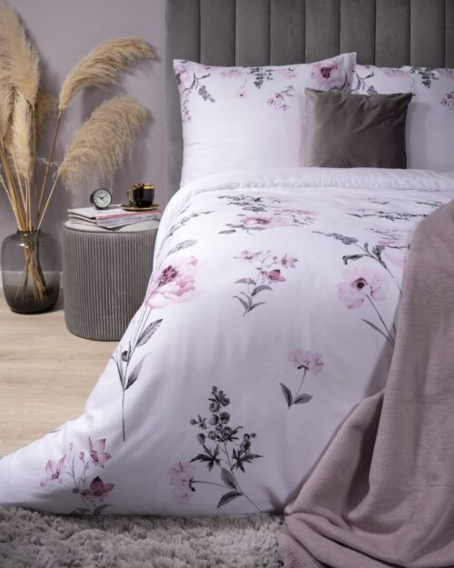 SJB-387b Dekbedovertrek katoensatijn met roze bloemen SJB-387
