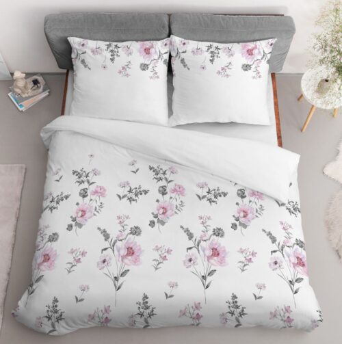 SJB-387c Dekbedovertrek katoensatijn met roze bloemen SJB-387