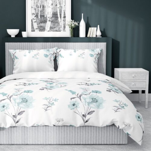 SJB-388a Dekbedovertrek katoensatijn met blauwe bloemen SJB-388