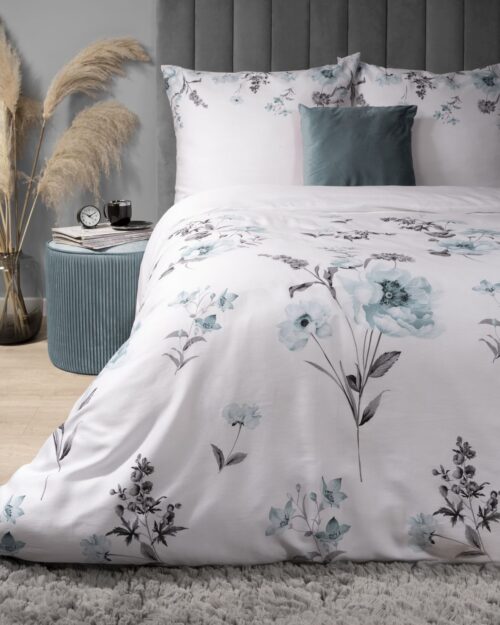 SJB-388b Dekbedovertrek katoensatijn met blauwe bloemen SJB-388