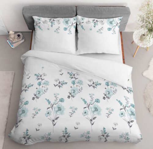 SJB-388c Dekbedovertrek katoensatijn met blauwe bloemen SJB-388