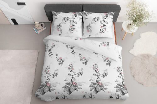 SJB-420a Dekbedovertrek van katoensatijn grijze/roze bloemen SJB-420