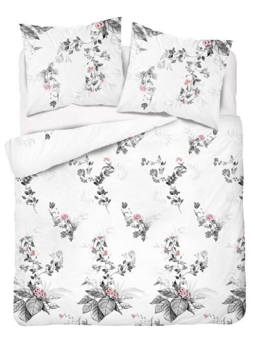 SJB-420b Dekbedovertrek van katoensatijn grijze/roze bloemen SJB-420