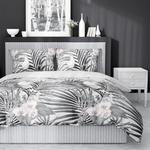 SJB-456c Dekbedovertrek katoensatijn met bladeren en bloemen SJB-456