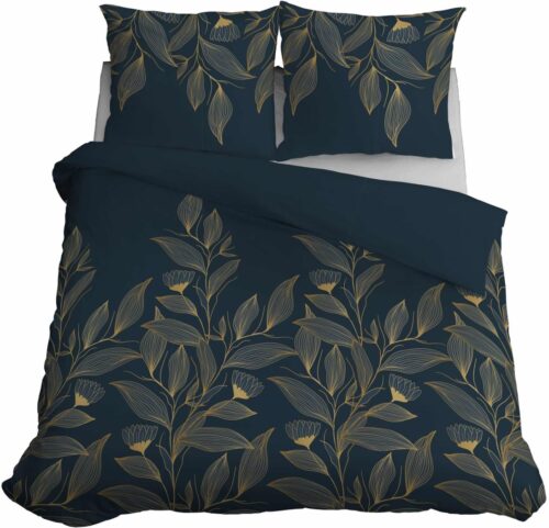 SJB-529 Dekbedovertrek katoensatijn met planten SJB-529 donkerblauw