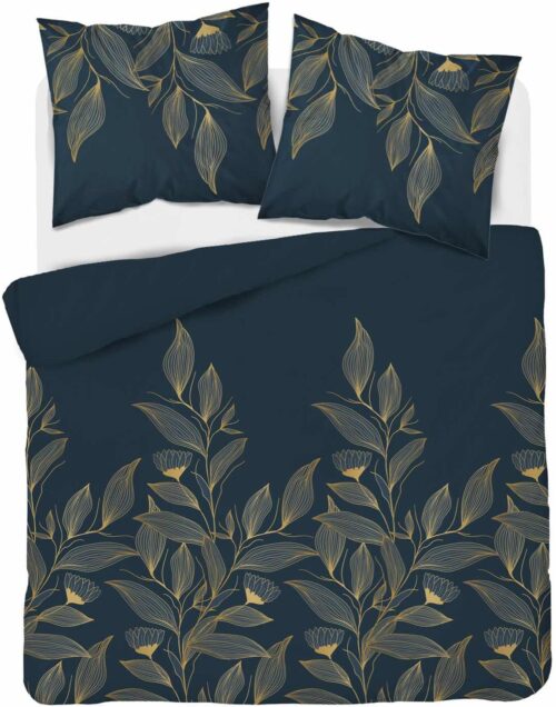 SJB-529c Dekbedovertrek katoensatijn met planten SJB-529 donkerblauw