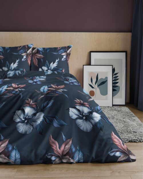 SJB-531e Dekbedovertrek katoensatijn met hibiscusbloemen SJB-531