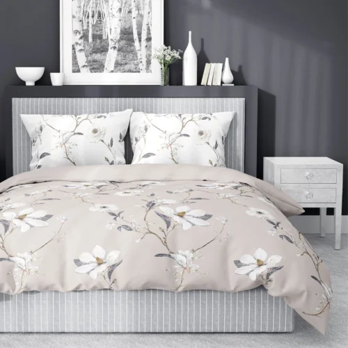 SJB-560 Dekbedovertrek van katoensatijn met bloemen SJB-560 beige