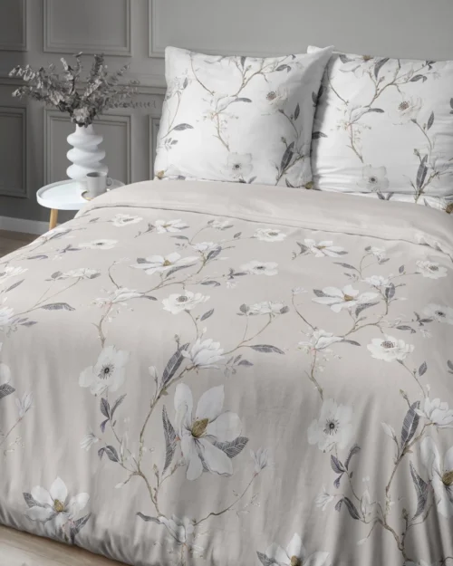 SJB-560b Dekbedovertrek van katoensatijn met bloemen SJB-560 beige