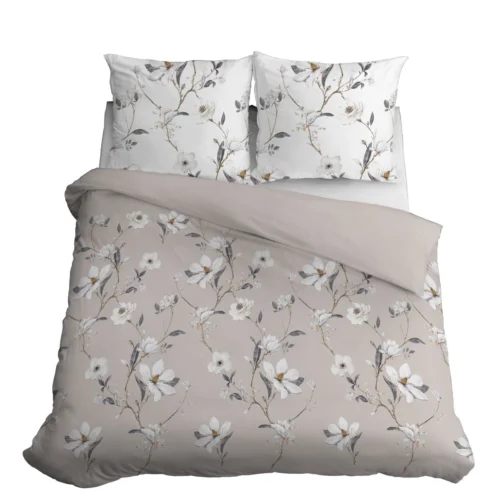 SJB-560c Dekbedovertrek van katoensatijn met bloemen SJB-560 beige