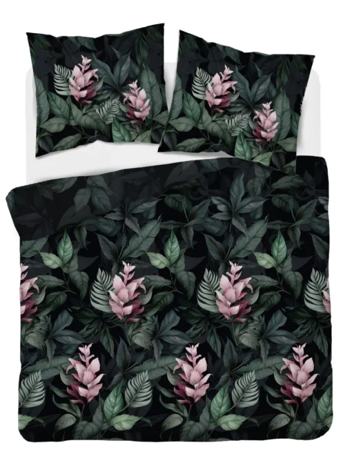 SJB-565a Dekbedovertrek van katoensatijn met bloemen SJB-565 zwart/groen