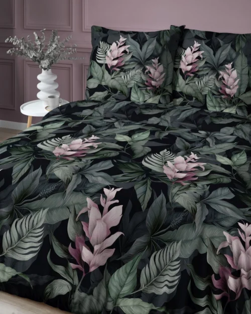SJB-565b Dekbedovertrek van katoensatijn met bloemen SJB-565 zwart/groen