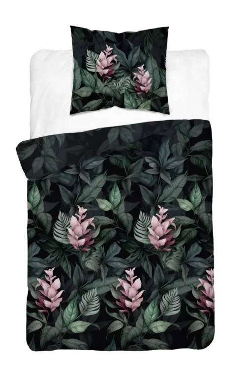 SJB-565d Dekbedovertrek van katoensatijn met bloemen SJB-565 zwart/groen