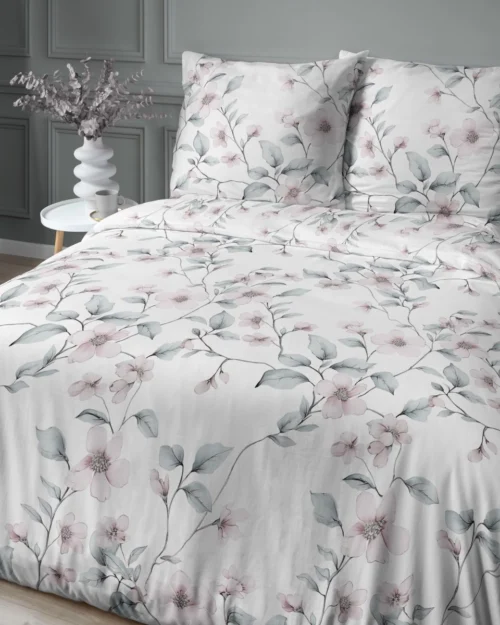 SJB-571b Dekbedovertrek van katoensatijn met bloemen SJB-571 lichtroze