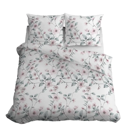 SJB-571c Dekbedovertrek van katoensatijn met bloemen SJB-571 lichtroze