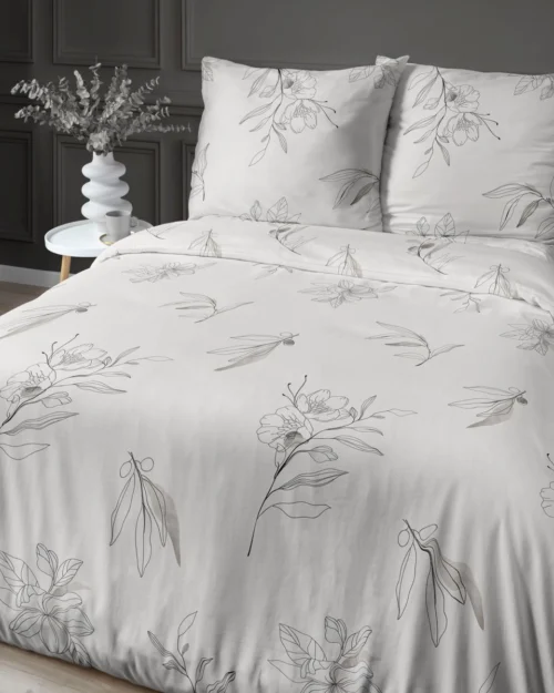 SJB-574b Dekbedovertrek van katoensatijn met bloemen SJB-574 crème