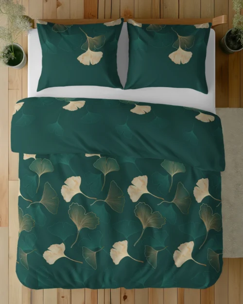 SJB-587g Dekbedovertrek katoensatijn met ginkgobladeren SJB-587 groen
