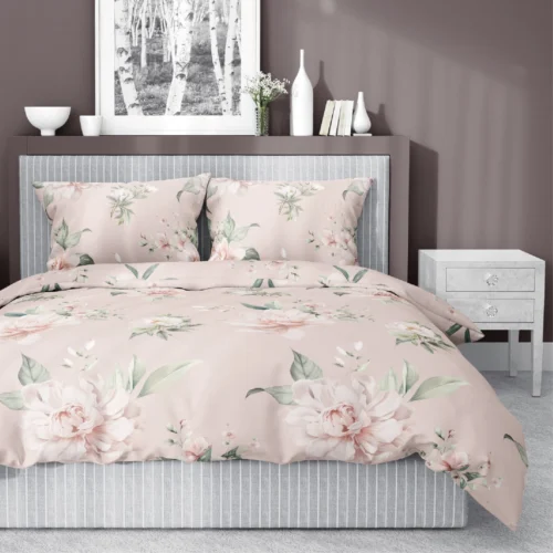 SJB-589e Dekbedovertrek van katoensatijn met bloemen SJB-589 roze
