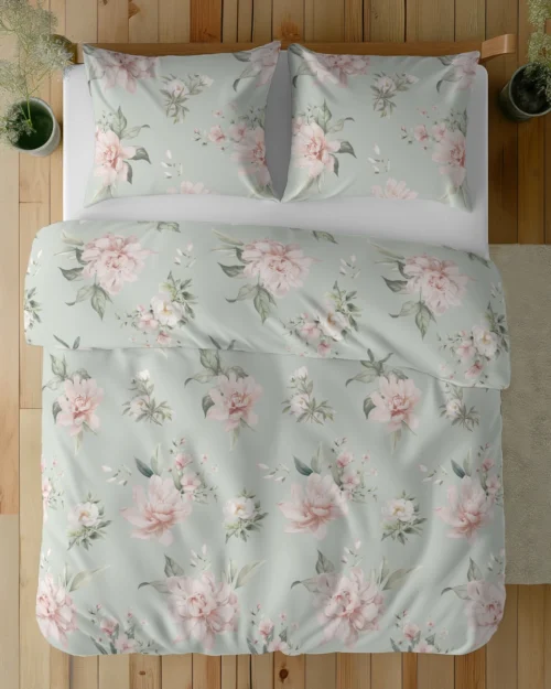SJB-590g Dekbedovertrek van katoensatijn met bloemen SJB-590 groen