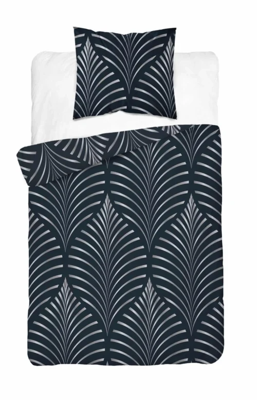 SJB-595b Dekbedovertrek katoensatijn geometrisch SJB-596 marineblauw