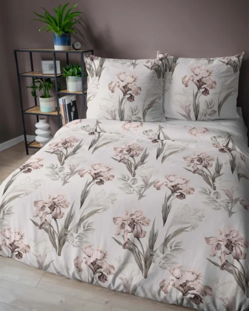 SJB-607d Dekbedovertrek katoensatijn met irissen SJB-607 beige