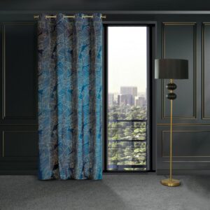 Fluwelen Ringgordijn Plantenprint - Turquoise